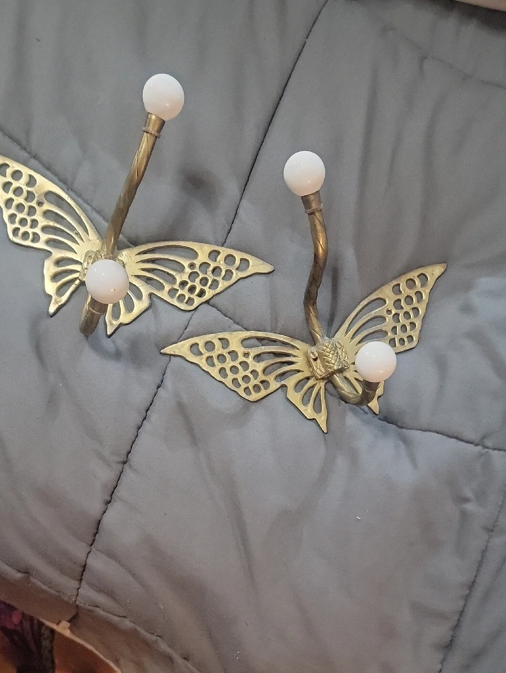 Brass Butterfly Wall Hooks with White Ceramic Knobs - Set of 2